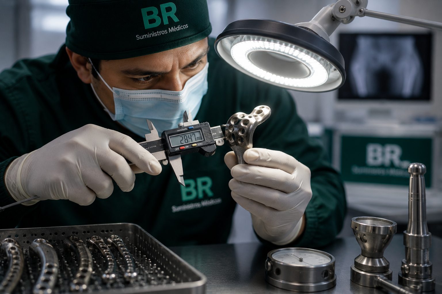 Especialista de BR Suministros Médicos verificando un implante con calibrador de precisión